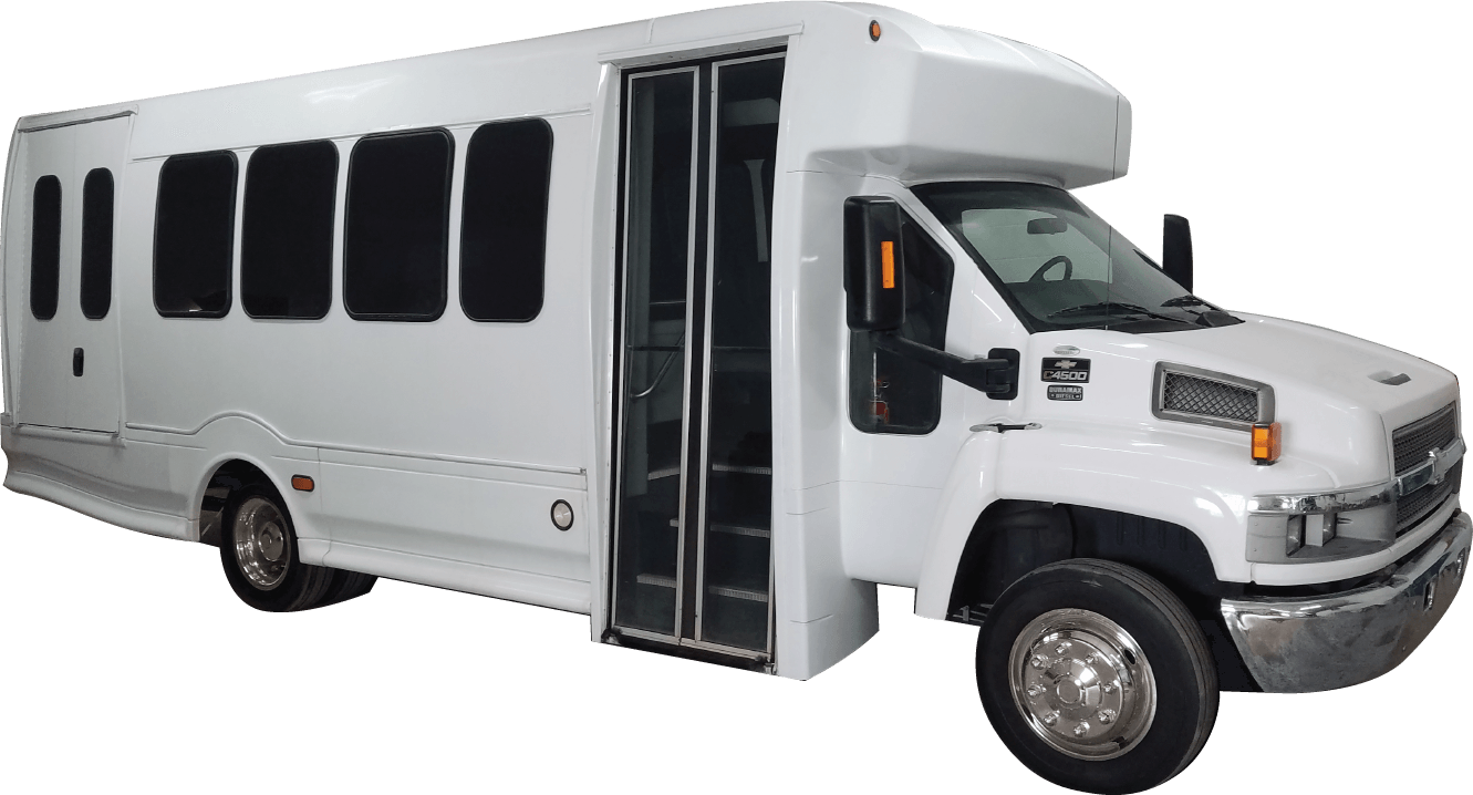 White 20-passenger shuttle with tinted windows.