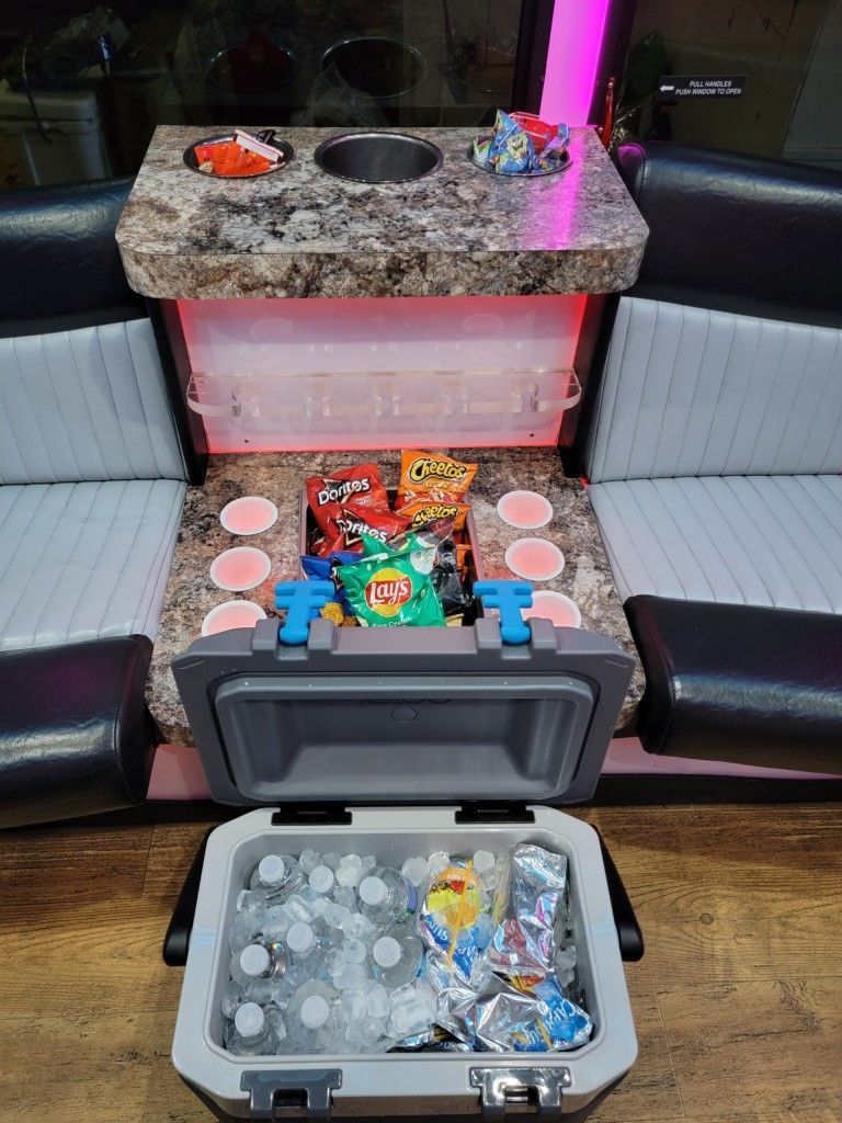 Snacks and a cooler set into the bus bar.
